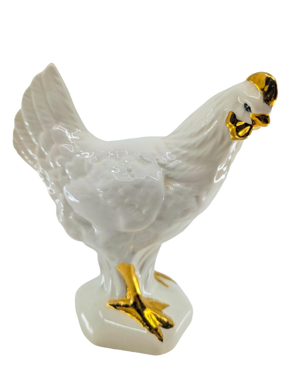 Vintage Ceramic White Chicken Figurine Gold Accents - READ